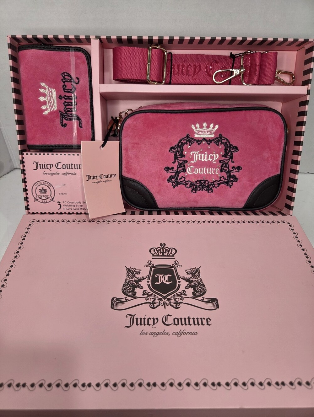 Juicy Couture Pink Suede Crossbody Set with Black Trim